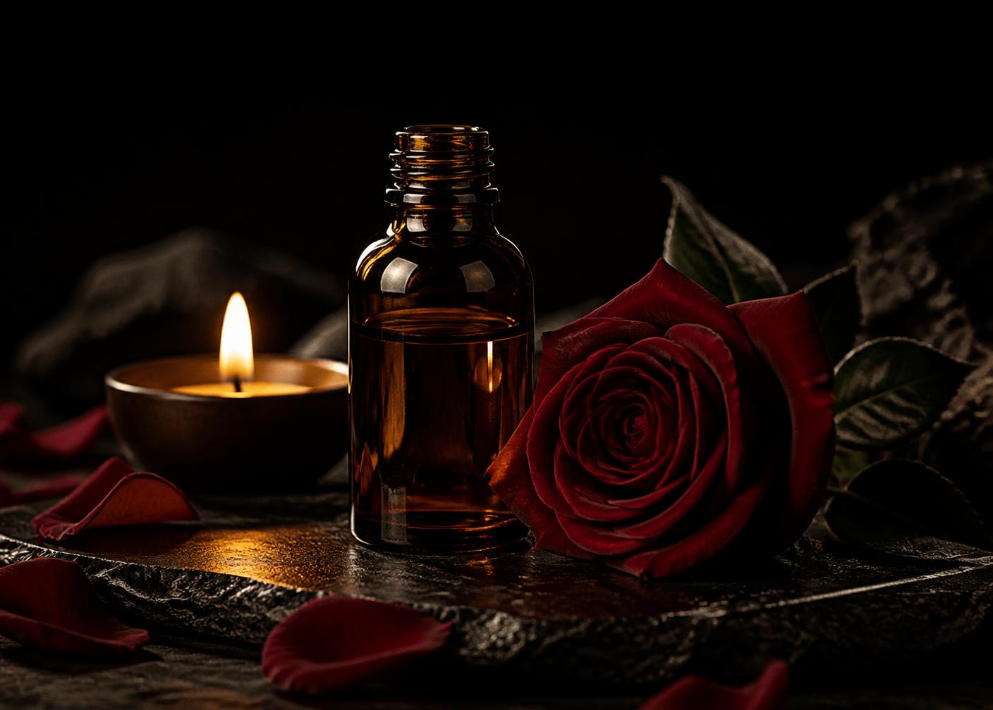 Aceite de masaje, rosa y vela sobre piedra oscura